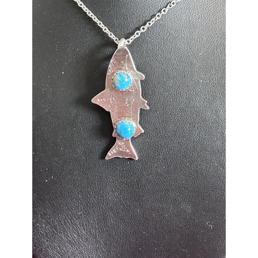 Silver Trout Fish Hand Stamped Pendent On A Chain Kingman Turquoise Necklace New - Picture 4 of 6
